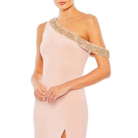 Mac Duggal NWT Beaded Drop Shoulder Jersey Gown Rose Pink Size 10 Rhinestone - Picture 2 of 10